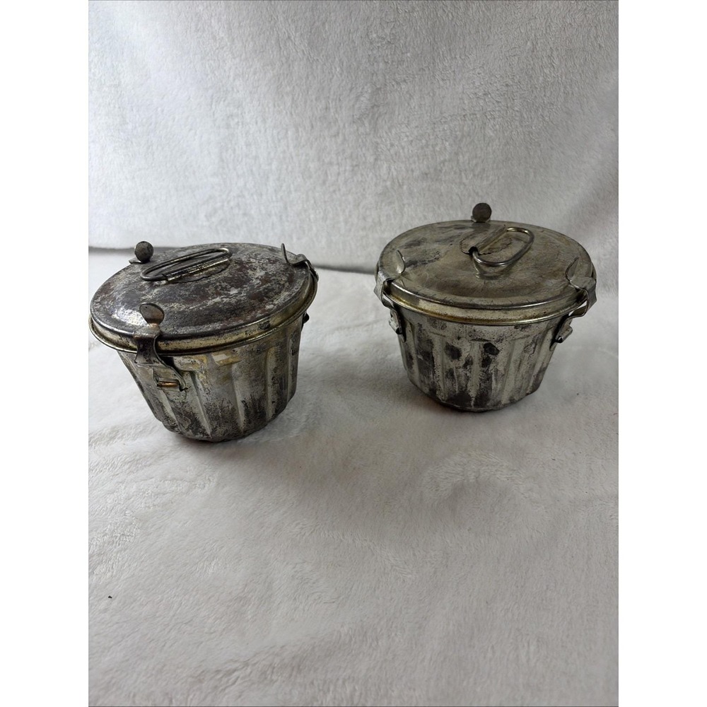 Pair of Antique Tin Steamed Pudding Molds Locking Lids (Circa 1920s) Primitive